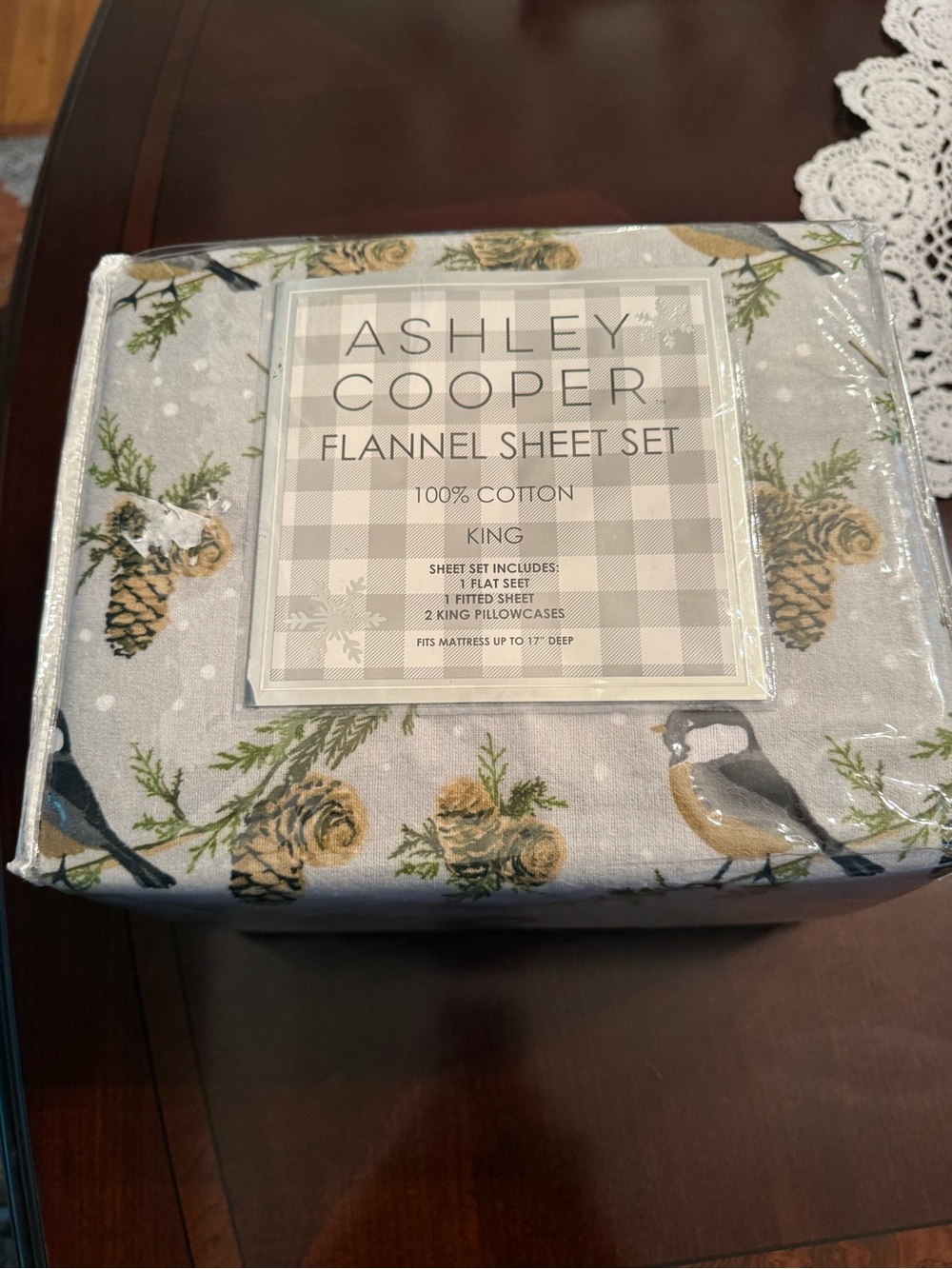 Ashley Cooper Flannel Sheet Set in Light Gray with Pinecone & Bird Motif